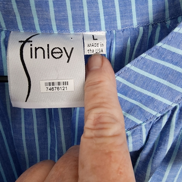 Finley Jay Striped Cotton Chambray Blouse In Aqua/blue - Picture 3 of 11